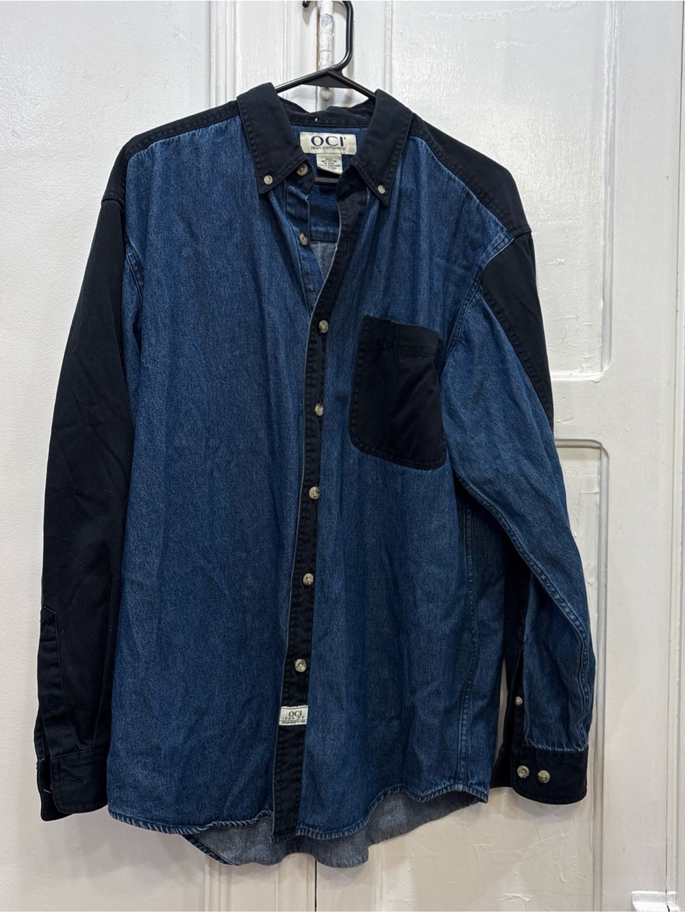 Vintage OCI Jean Company Two-Tone Color Block Black & Denim Cotton Shirt Size L